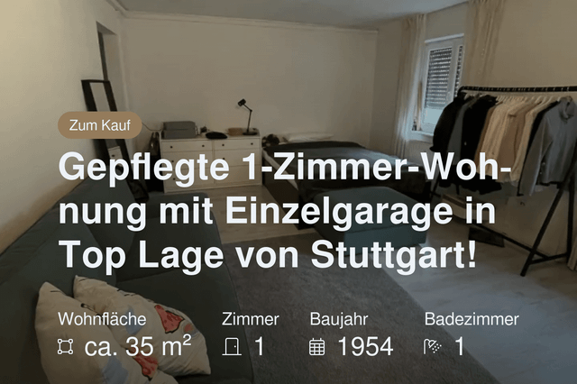 Nicht mehr verfügbar: Gepflegte 1-Zimmer-Wohnung mit Einzelgarage in Top Lage von Stuttgart!