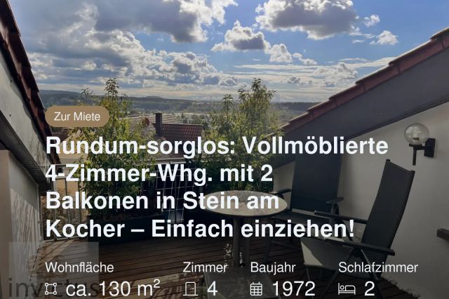 Neu im Angebot: Rundum-sorglos: Vollmöblierte 4-Zimmer-Whg. mit 2 Balkonen in Stein am Kocher – Einfach einziehen!