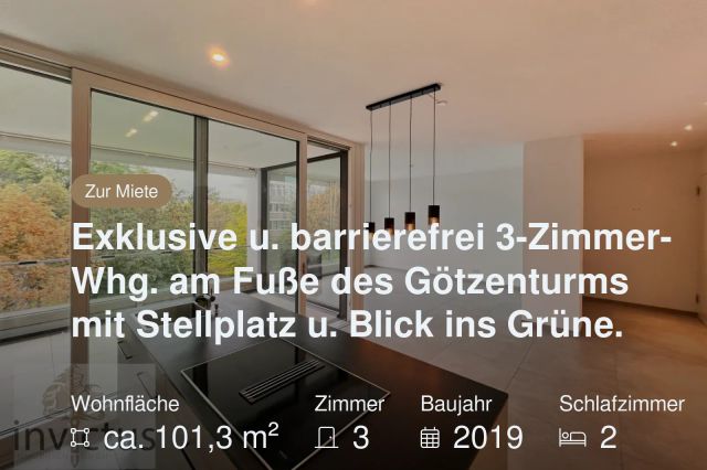 Nicht mehr verfügbar: Exklusive u. barrierefrei 3-Zimmer-Whg. am Fuße des Götzenturms mit Stellplatz u. Blick ins Grüne.