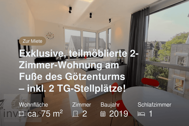 Nicht mehr verfügbar: Exklusive, teilmöblierte 2-Zimmer-Wohnung am Fuße des Götzenturms – inkl. 2 TG-Stellplätze!